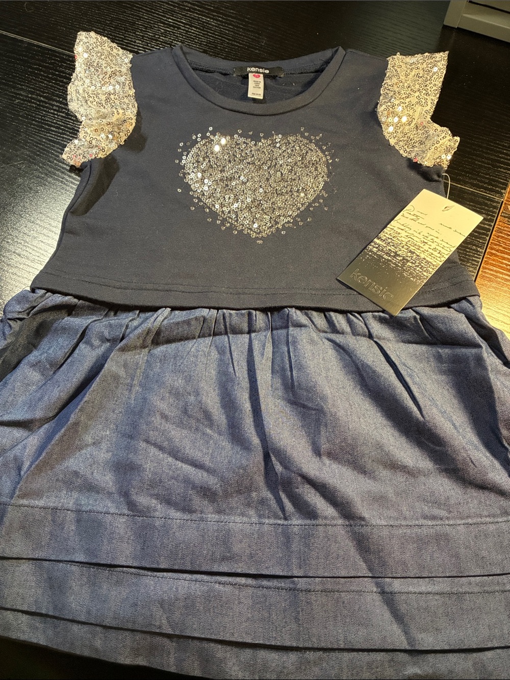 Kensie Girls Navy Dress with Silver Sequin Heart and Silver Ruffle Sleeves